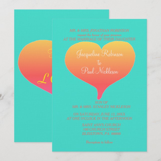 Sunset Hearts Turquoise Invitation (Front/Back)