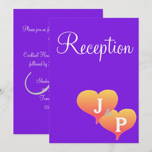 Sunset Hearts Violet Monogram Reception Card (Front/Back)