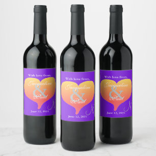 Sunset Hearts Violet Wedding Monogram Wine Label
