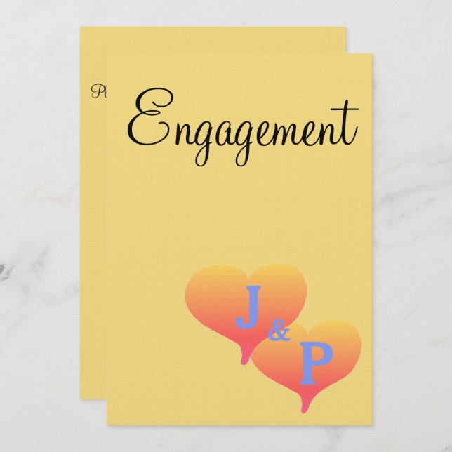 Sunset Hearts Yellow Blue Monogram Engagement Invitation (Front/Back)