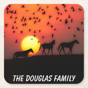 Sunset Horses and Birds Square Paper Coaster