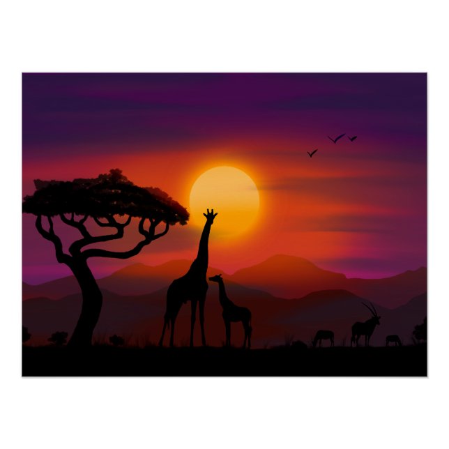 Sunset in Africa with animals Poster (Front)