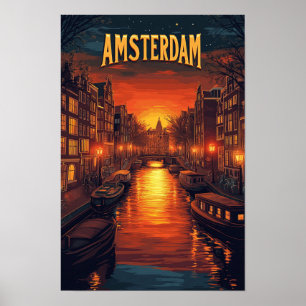 Sunset in Amsterdam Netherlands Vintage  Travel Poster