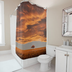 Sunset In Autumn On A Field With A Single Big Tree Shower Curtain