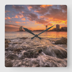 Sunset In Barcelona Square Wall Clock
