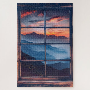 Sunset in Mountains Window View Jigsaw Puzzle