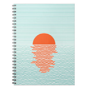 Sunset in ocean - striped background. line artsuns notebook