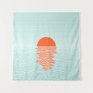 Sunset in ocean - striped background. line artsuns tapestry