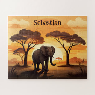 Sunset in savanna personalised elephant jigsaw puzzle