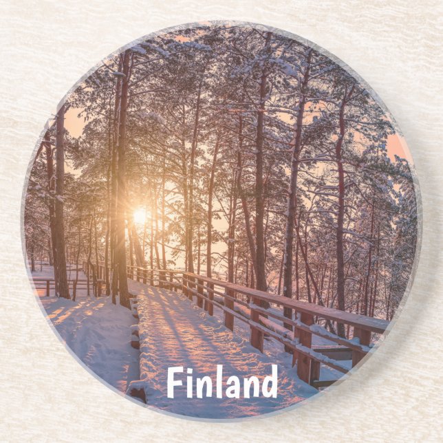 Sunset in snowy pine forest with sun ray coaster (Front)