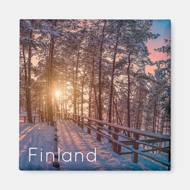 Sunset in snowy pine forest with sun ray magnet (Front)