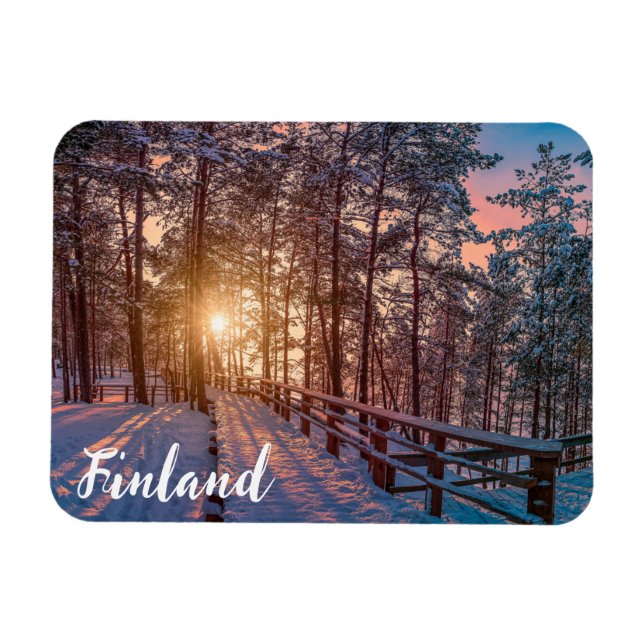 Sunset in snowy pine forest with sun ray magnet (Horizontal)