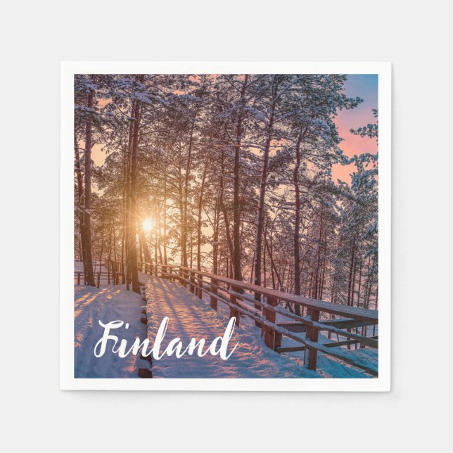 Sunset in snowy pine forest with sun ray napkin (Front)