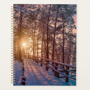 Sunset in snowy pine forest with sun ray planner