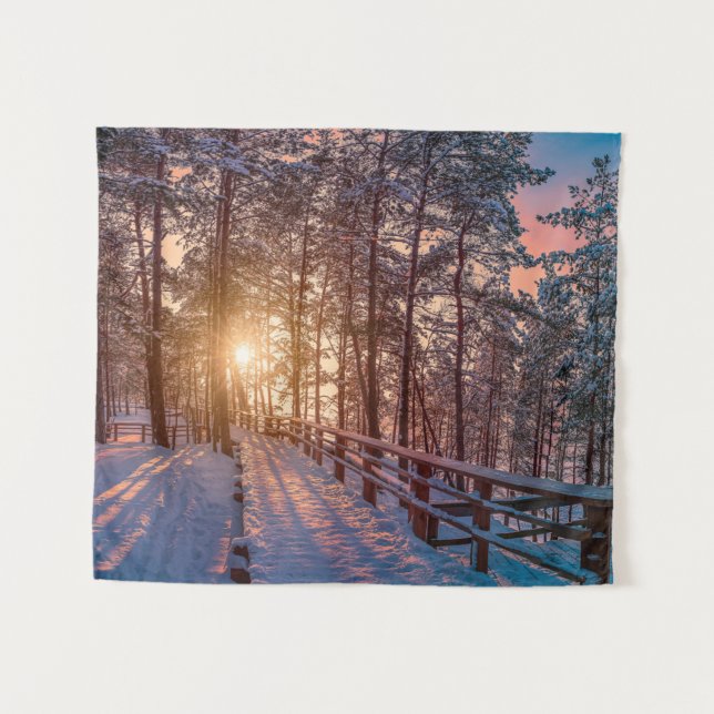 Sunset in snowy pine forest with sun ray tapestry (Front (Horizontal))