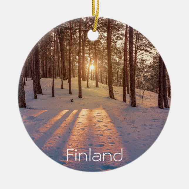 Sunset in snowy winter pine forest ceramic ornament (Front)