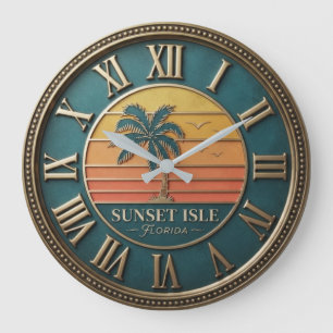 Sunset Isle Florida Vintage Palm Tree Large Clock