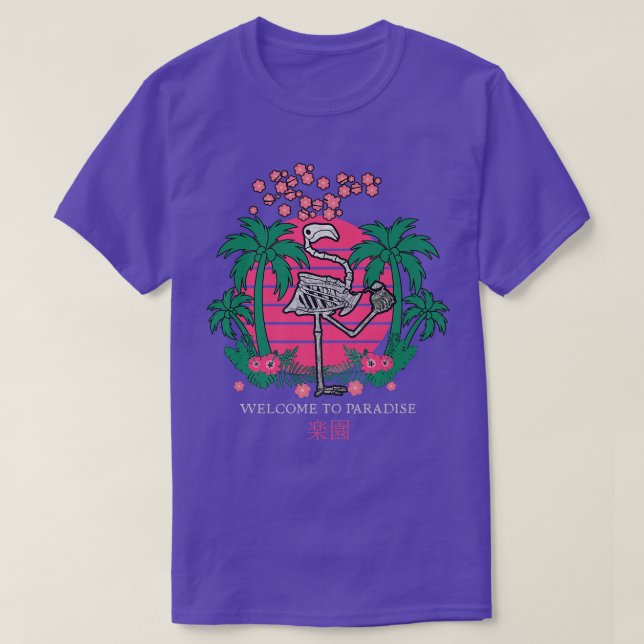 Sunset Japan Vaporwave Kanji Skeleton Flamingo Par T-Shirt (Design Front)