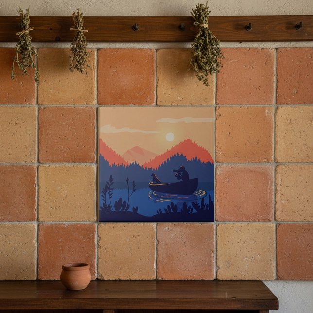Sunset Lake Canoe Illustration Ceramic Tile (Creator Uploaded)