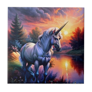 Sunset Lake River Unicorn Seven Ceramic Tile
