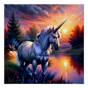 Sunset Lake River Unicorn Seven Poster