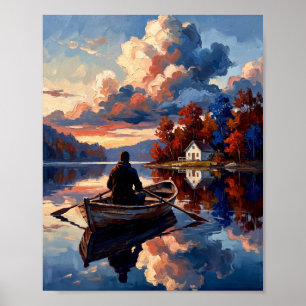 Sunset Lake Rowboat Impasto Painting Poster