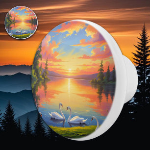 Sunset Lake with Swans Ceramic Knob