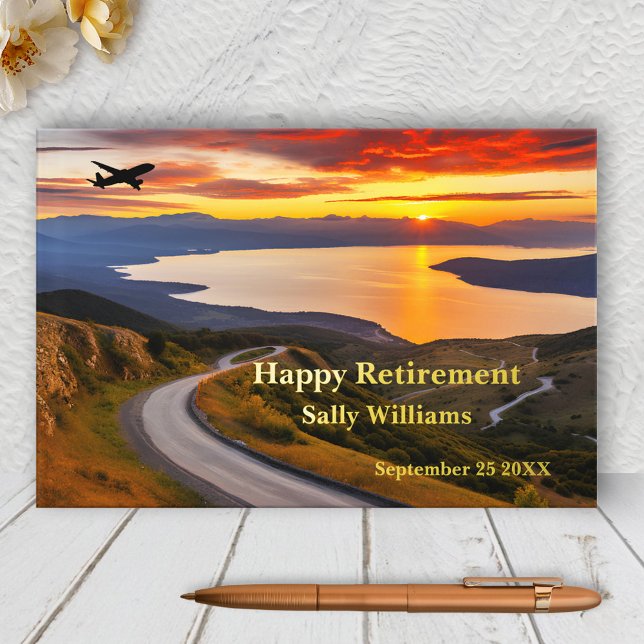 Sunset Landscape Aeroplane Real Foil  Guest Book (Retirement guest book featuring an airplane in a landscape scene at sunset with your real foil texts)
