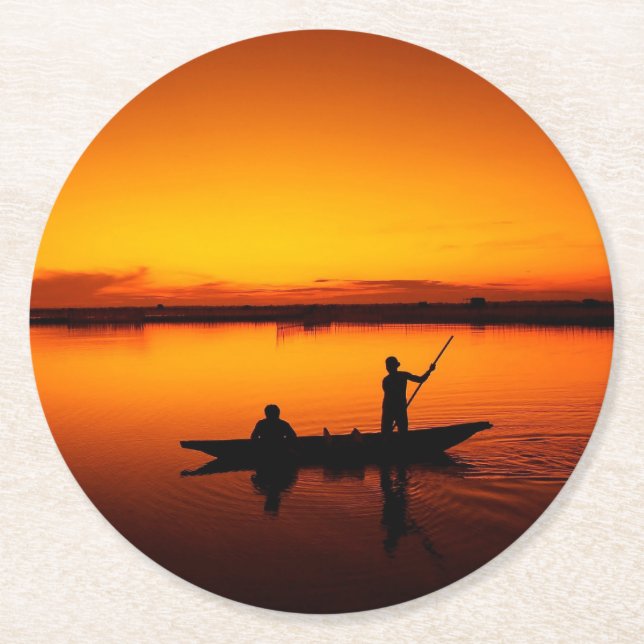 Sunset Landscape with A Boat-68465 Round Paper Coaster (Front)