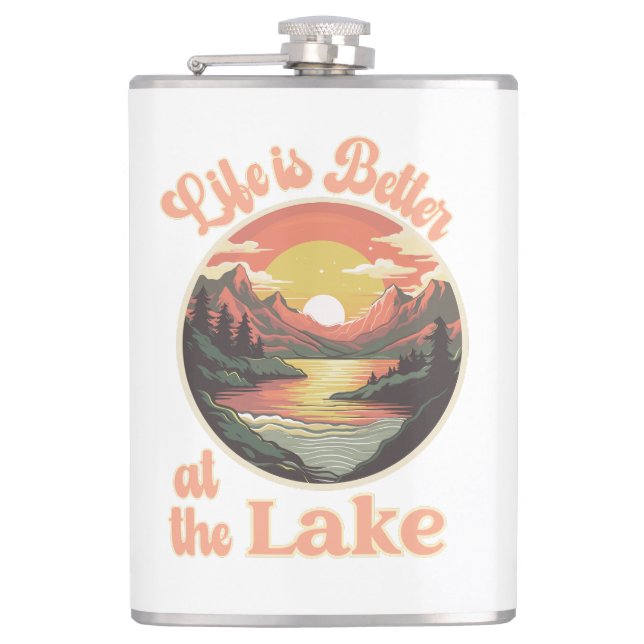 Sunset Life is Better At The Lake Hip Flask (Front)