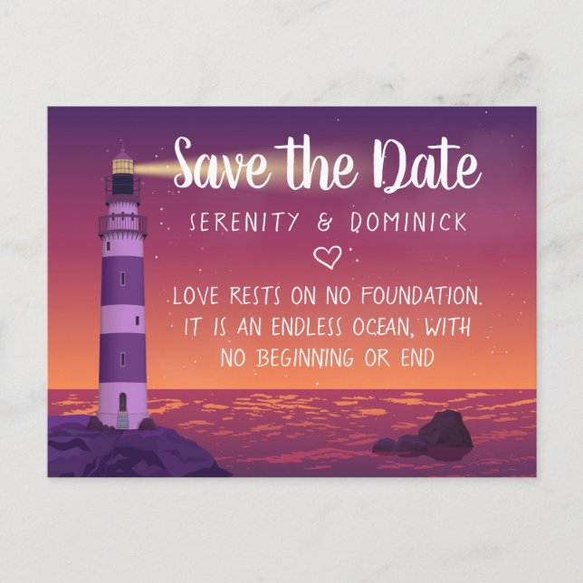 Sunset Lighthouse Nautical Wedding Save the Date Postcard (Front)