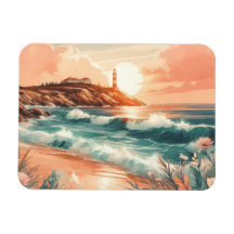 Sunset Lighthouse Ocean Beach Boho Floral