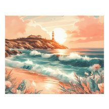 Sunset Lighthouse Ocean Beach Boho Floral