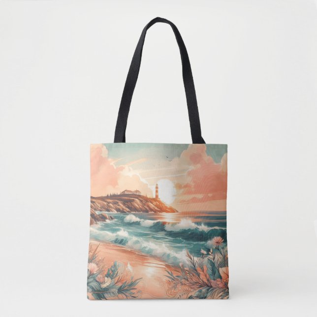 Sunset Lighthouse Ocean Beach Boho Floral Tote Bag (Front)