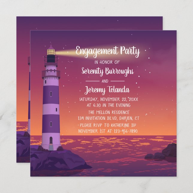 Sunset Lighthouse Purple Nautical Engagement Party Invitation (Front/Back)
