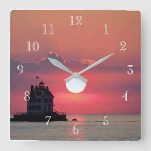 Sunset Lighthouse Square Wall Clock
