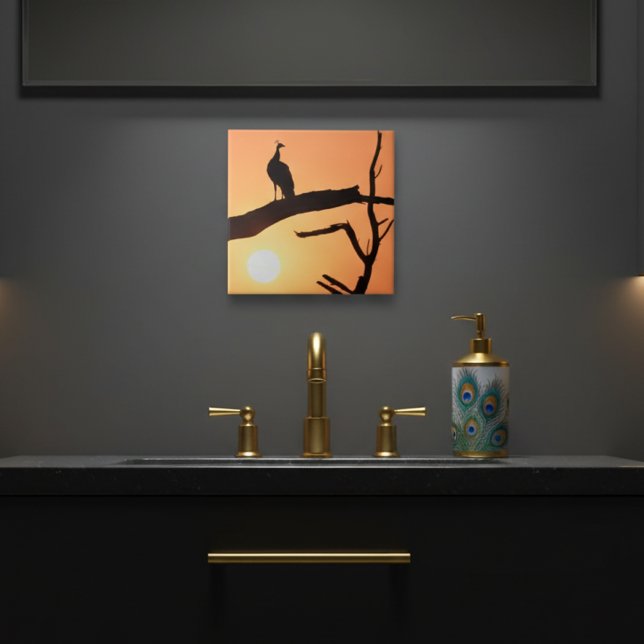 Sunset Majesty: Peacock Silhouette Ceramic Tile (Creator Uploaded)