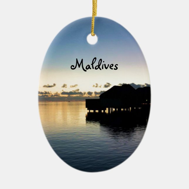 Sunset Maldives Beach House Boat Oval Ceramic Ornament (Front)