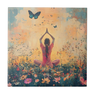 Sunset Meadow Meditation with Butterflies (1) Ceramic Tile