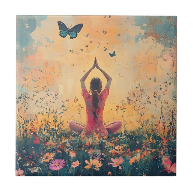 Sunset Meadow Meditation with Butterflies (1) Ceramic Tile (Front)