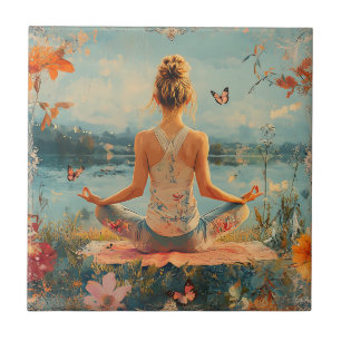 Sunset Meadow Meditation with Butterflies (2) Ceramic Tile