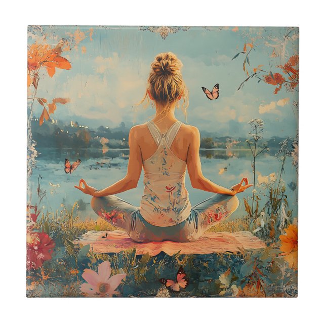Sunset Meadow Meditation with Butterflies (2) Ceramic Tile (Front)
