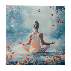 Sunset Meadow Meditation with Butterflies (3) Ceramic Tile