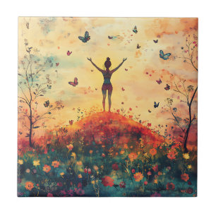 Sunset Meadow Meditation with Butterflies (4) Ceramic Tile