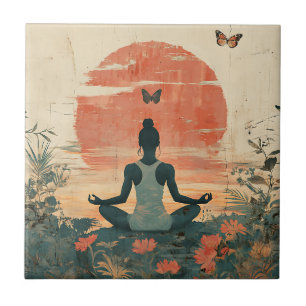 Sunset Meadow Meditation with Butterflies (5) Ceramic Tile