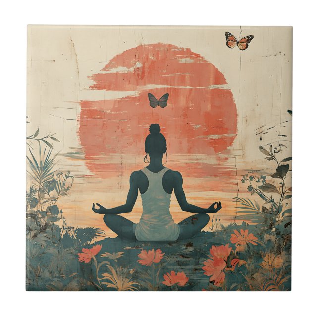 Sunset Meadow Meditation with Butterflies (5) Ceramic Tile (Front)