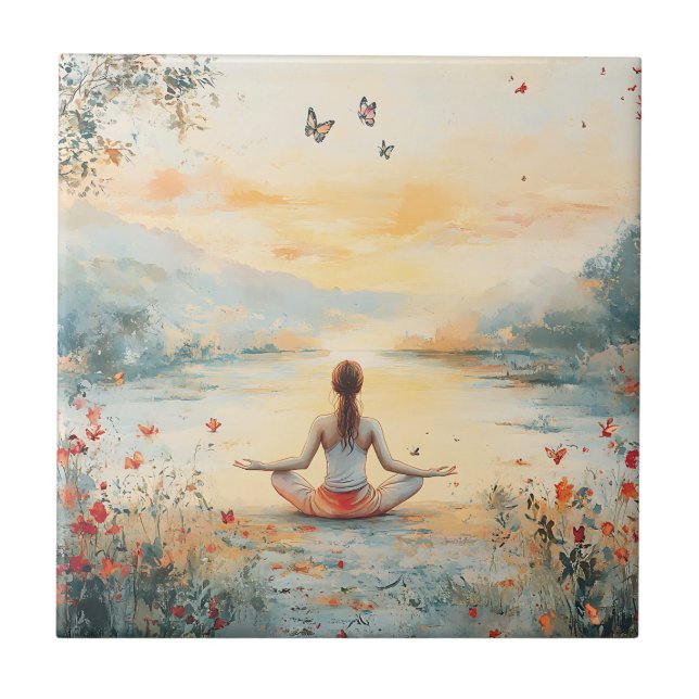 Sunset Meadow Meditation with Butterflies (6) Ceramic Tile (Front)