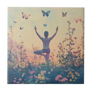 Sunset Meadow Meditation with Butterflies (7) Ceramic Tile
