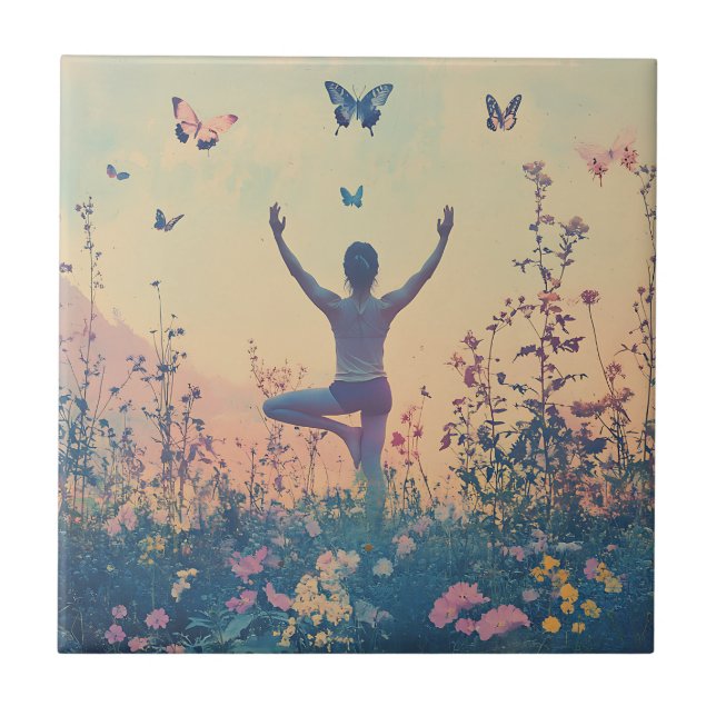 Sunset Meadow Meditation with Butterflies (7) Ceramic Tile (Front)