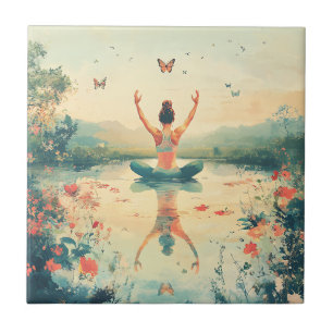 Sunset Meadow Meditation with Butterflies (8) Ceramic Tile